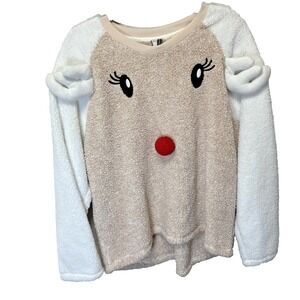 Jaclyn Intimates Reindeer Holiday Tan Fleece Pullover Cozy Sweater XL*